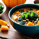 **

A vibrant vegan meal showcasing iron-rich foods. Focus on a colorful lentil soup served in a rustic bowl, garnished with fresh parsley and a squeeze of lemon. Include dark leafy greens (spinach or kale) on the side, along with a handful of pumpkin seeds and some dried apricots in the background. The overall composition should be appetizing and highlight the nutritional value of the ingredients. Sunlight.

**
