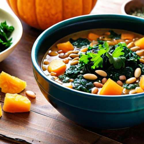 Home 4 **
A vibrant vegan meal showcasing iron-rich foods. Focus on a colorful lentil soup served in a rustic bowl, garnished with fresh parsley and a squeeze of lemon. Include dark leafy greens (spinach or kale) on the side, along with a handful of pumpkin seeds and some dried apricots in the background. The overall composition should be appetizing and highlight the nutritional value of the ingredients. Sunlight.
**