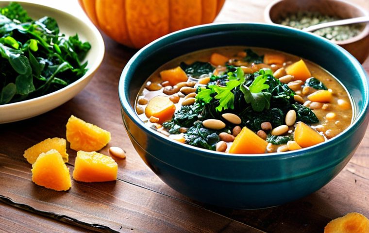 **
A vibrant vegan meal showcasing iron-rich foods. Focus on a colorful lentil soup served in a rustic bowl, garnished with fresh parsley and a squeeze of lemon. Include dark leafy greens (spinach or kale) on the side, along with a handful of pumpkin seeds and some dried apricots in the background. The overall composition should be appetizing and highlight the nutritional value of the ingredients. Sunlight.
**
